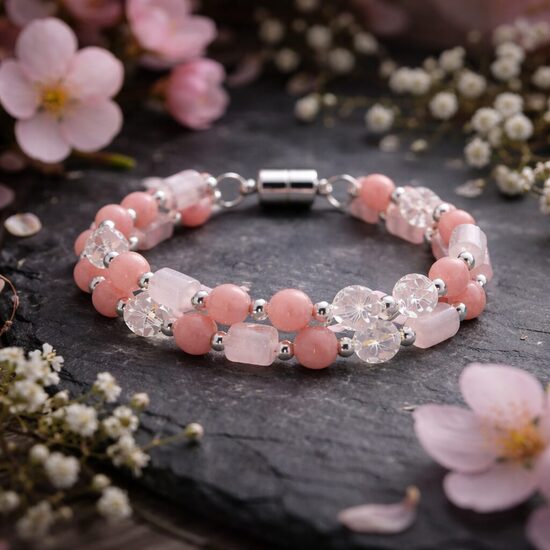 Rozā kvarca un kalnu kristālu rokassprādze "Sakuras Dārzs"